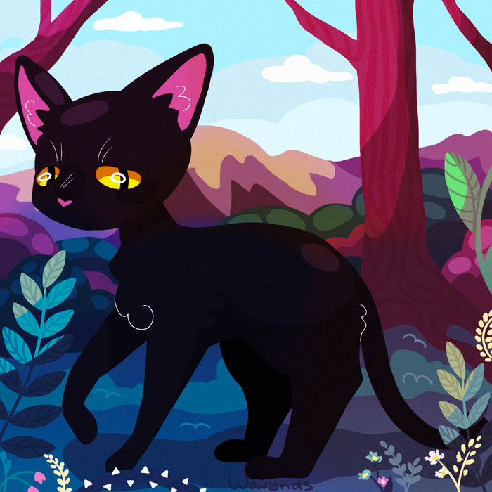 Иллюстрация черный  кот в лесу