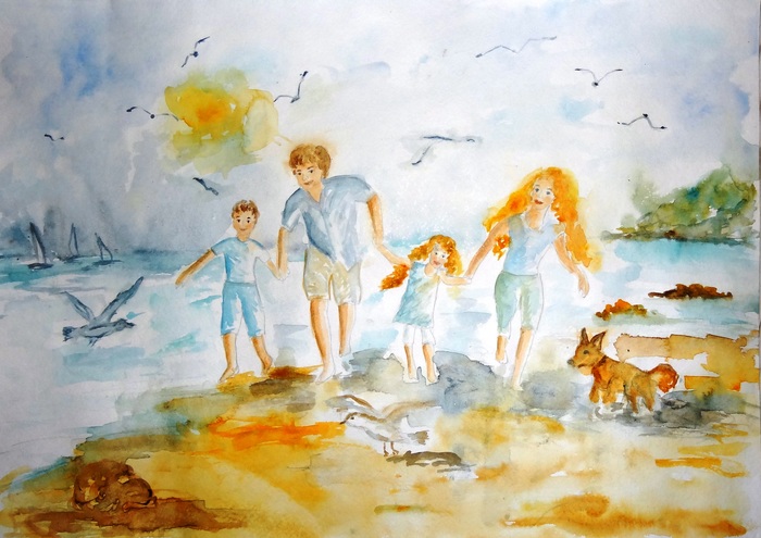 Акварель "Счастливое детство у моря"