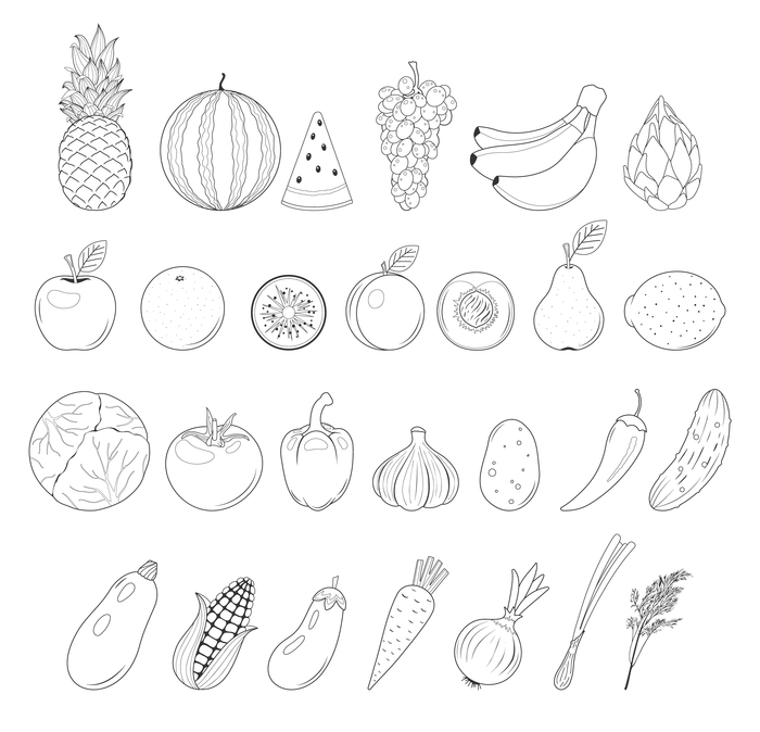 Черно-белые фрукты и овощи