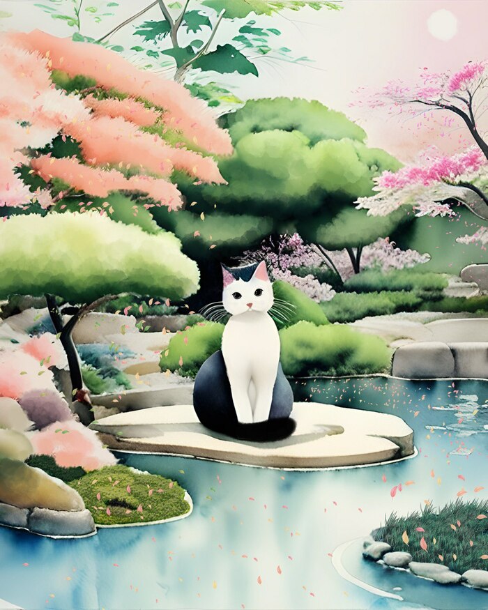 Черно-белая кошечка гуляет в японском саду.