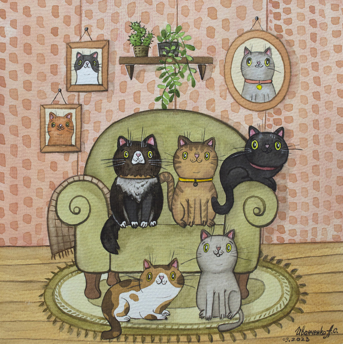Картина акварелью "Семейный кото-портрет"