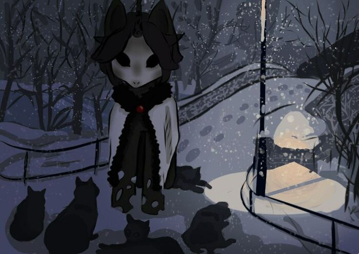 Прогулка чейнджлинга маски по ночному, зимнему парку.