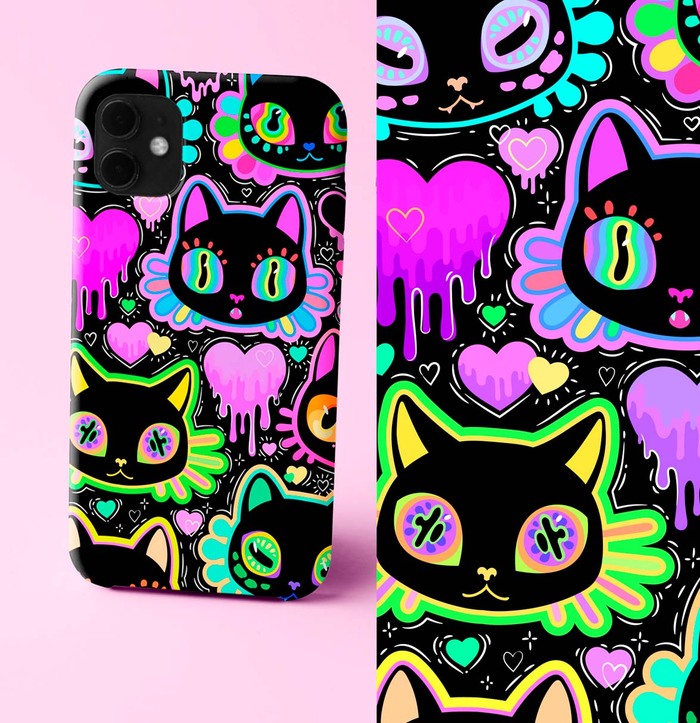 Иллюстрация с психоделическими яркими котиками