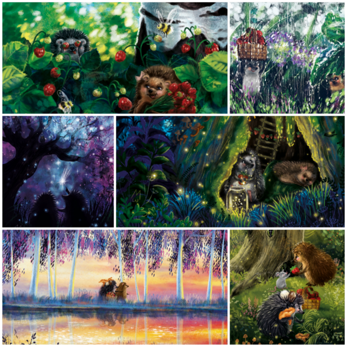 Серия открыток "Один день из жизни ежиков"