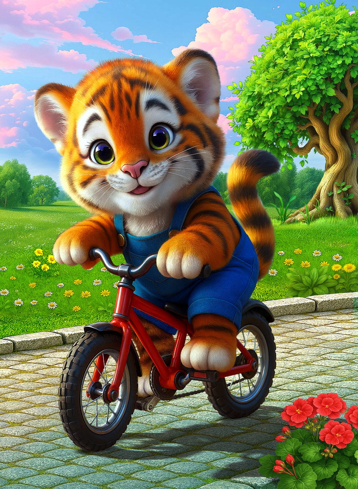 тигренок на велосипеде