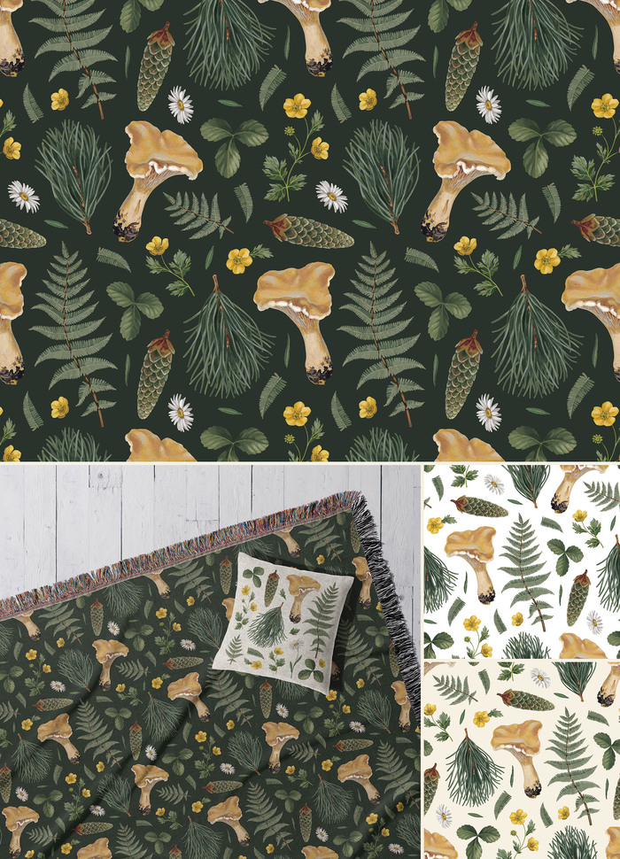 Лесные сокровища. Паттерн для печати на текстиле, упаковке, полиграфии и скрапбукинге