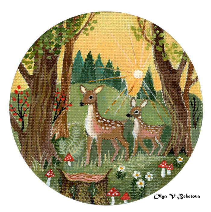 Магнитик. Оленики в вечернем лесу