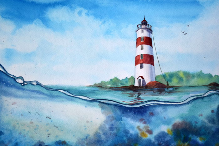 Акварель картина с маяком: "Тайны океана"
