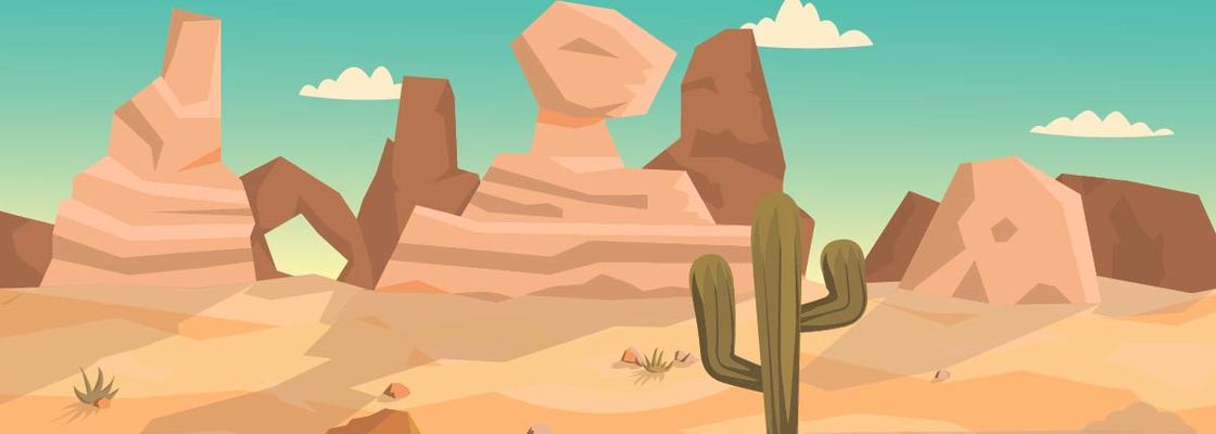 Main cartoon desert with rocks and cactus