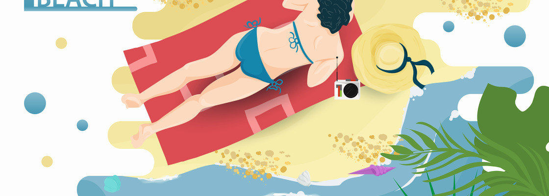 Main vector illustration in a flat style on the theme of summer holidays and vacations on the shore of a tropical beach a girl in a blue bikini swimsuit is sunbathing on the beach