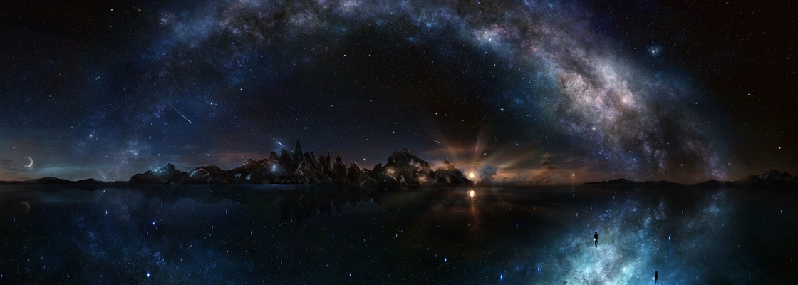 Main noch zvezdnoe nebo blesk voda ostrov skaly galaktika 98590 1366x768