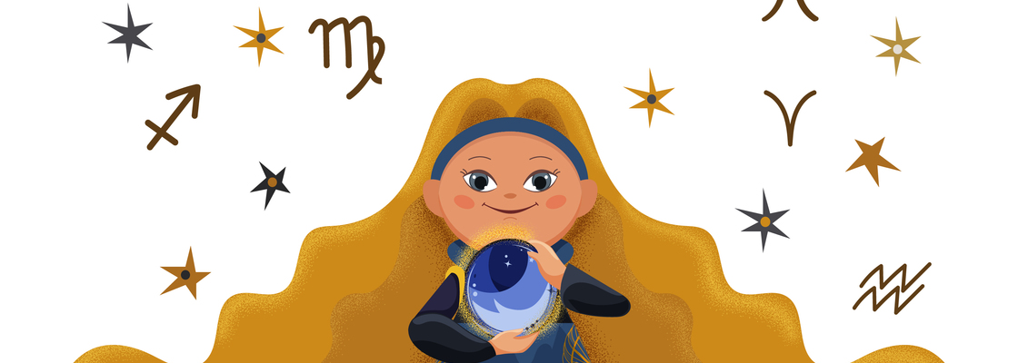 Main astrology girl with golden hair holding magic ball in her hands surrounded by zodiac signs and stars