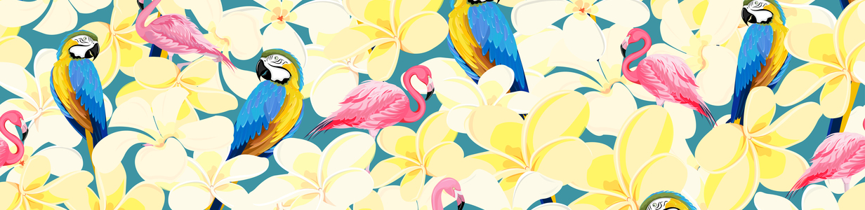 Main seamless pattern of tropical parrot birds  flamingos and flowers