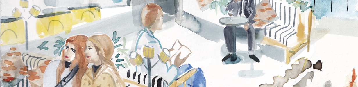 Main restaurant in orange and blue